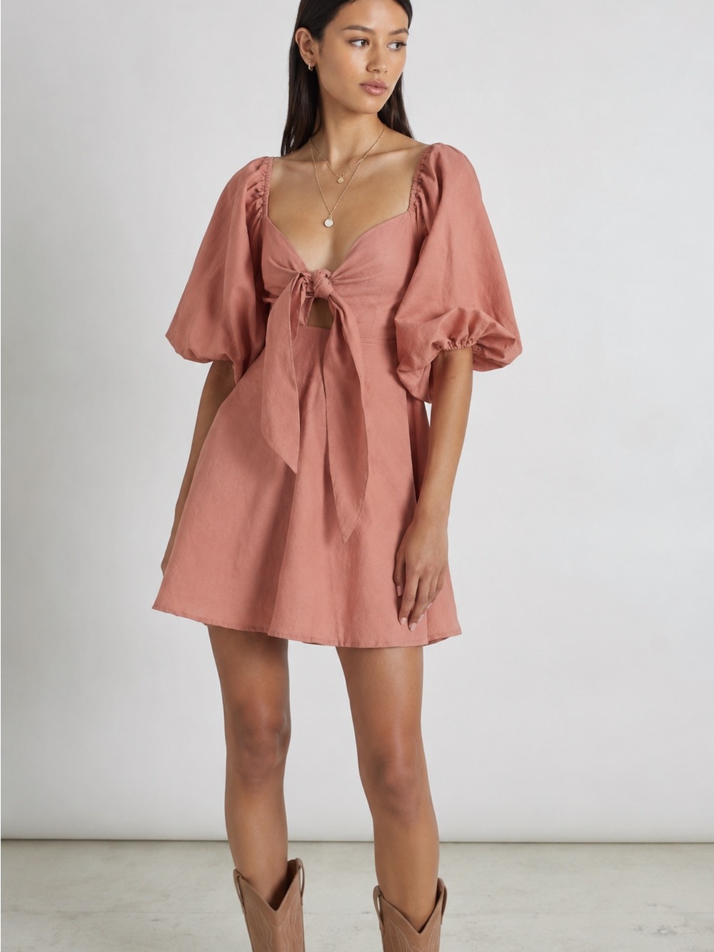 Charlie Holiday Dusty Rose/ peachy Puff-Sleeve Tie-Front Mini Dress -2